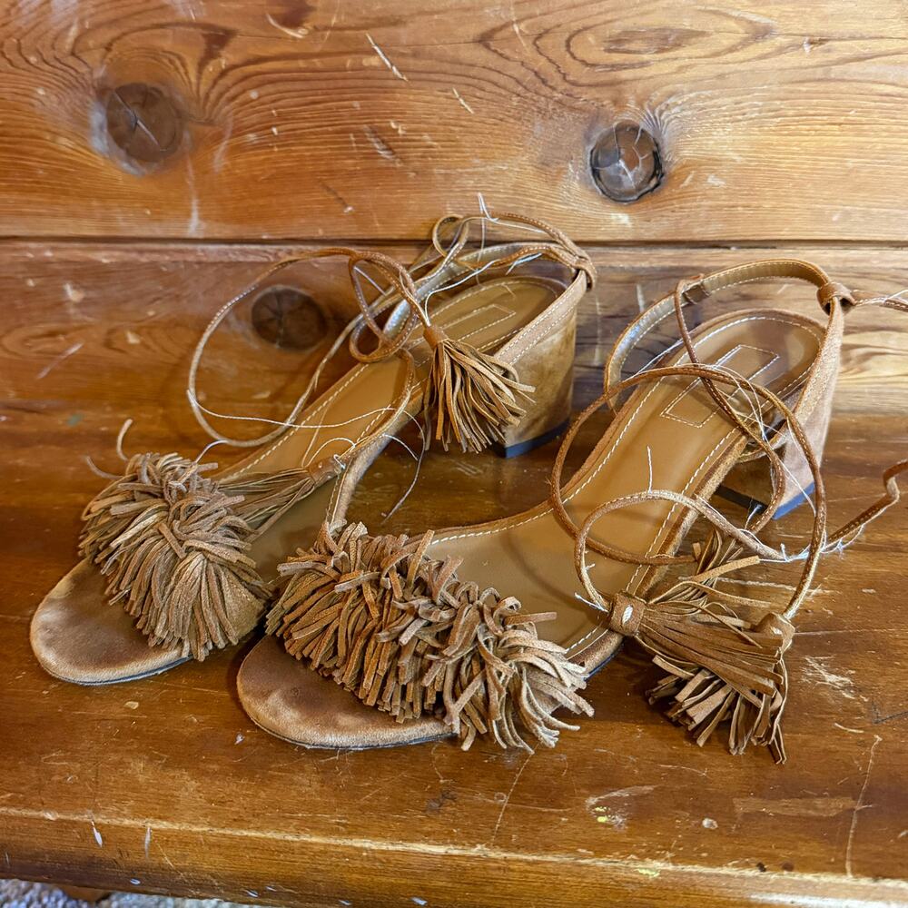 Aquazzura Wild Thing Fringe Tie Block-heel Sandals 37.5/7.5